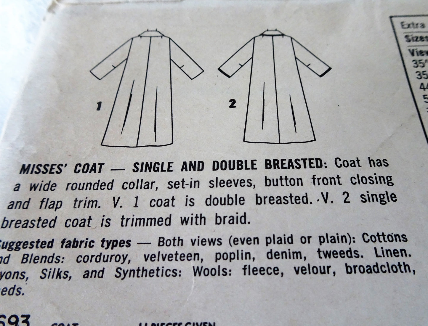 1950s CLASSY Coat Pattern SIMPLICITY 2693 Single or Double Breasted Styles Bust 32 Vintage Sewing Pattern FACTORY FOLDED