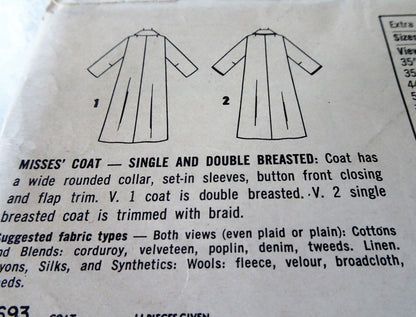 1950s CLASSY Coat Pattern SIMPLICITY 2693 Single or Double Breasted Styles Bust 32 Vintage Sewing Pattern FACTORY FOLDED