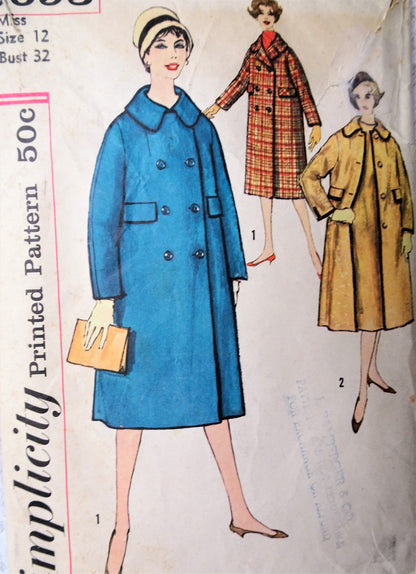 1950s CLASSY Coat Pattern SIMPLICITY 2693 Single or Double Breasted Styles Bust 32 Vintage Sewing Pattern FACTORY FOLDED