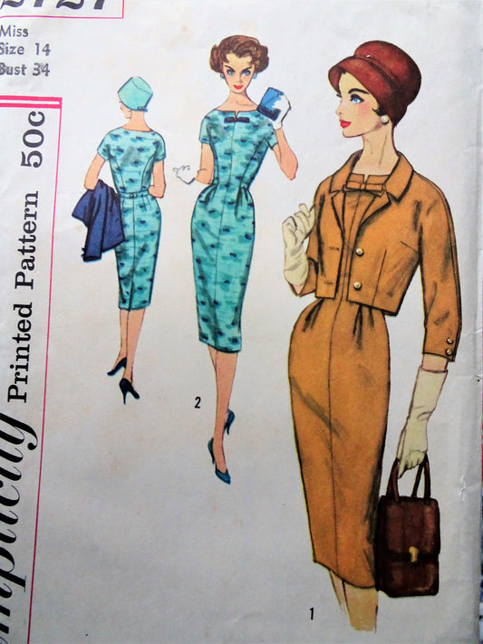 1950s STUNNING Sheath Dress and Jacket Pattern SIMPLICITY 2727 Daytime or After 5 Dress, Lovely style Details, Bust 34 Vintage Sewing Pattern