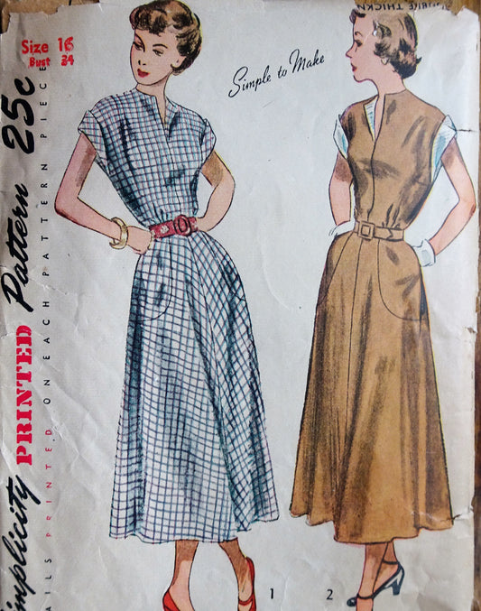 Late 1940s LOVELY Dress Pattern SIMPLICITY 2792 Simple To Make Classy Dress, Bust 34 Vintage Sewing Pattern