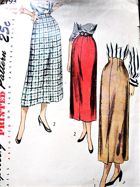1940s STYLISH Slim Skirt Pattern SIMPLICITY 2793 Two Styles Includes Lovely Built Up Waist Version, Front Slit, Waist 26 Vintage Sewing Pattern