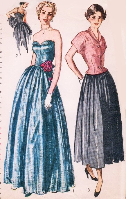 1940s  STRAPLESS Petal Bodice Evening Gown Pattern SIMPLICITY 2815 Figure Flattering Party Formal Dress and Fitted Jacket Bust 32 Vintage Sewing Pattern