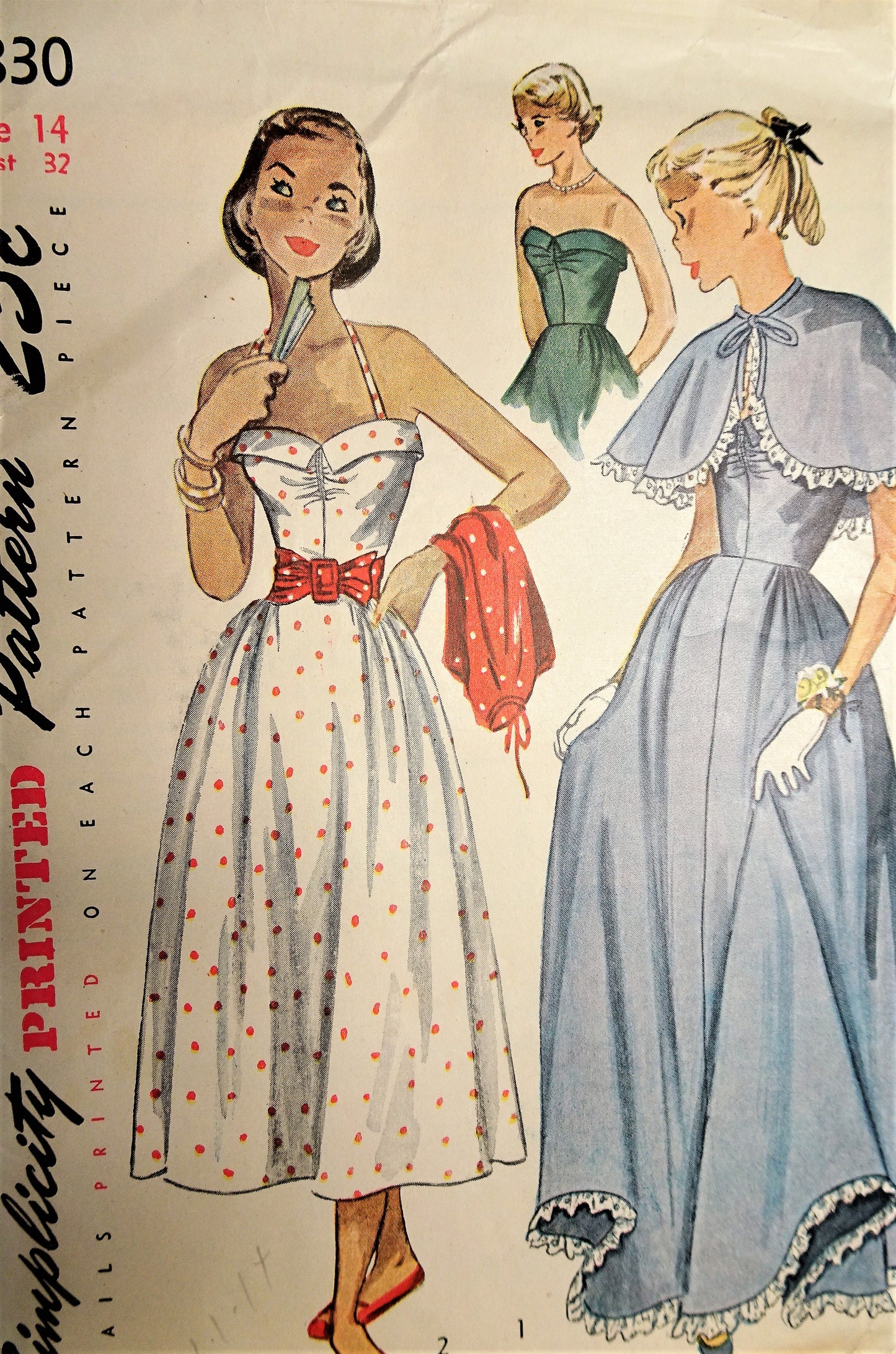 1940s LOVELY Party Evening Dress and Wrap Pattern SIMPLICITY 2830 Strapless or Straps Sundress or Evening Length with Cape, Bust 32 Vintage Sewing