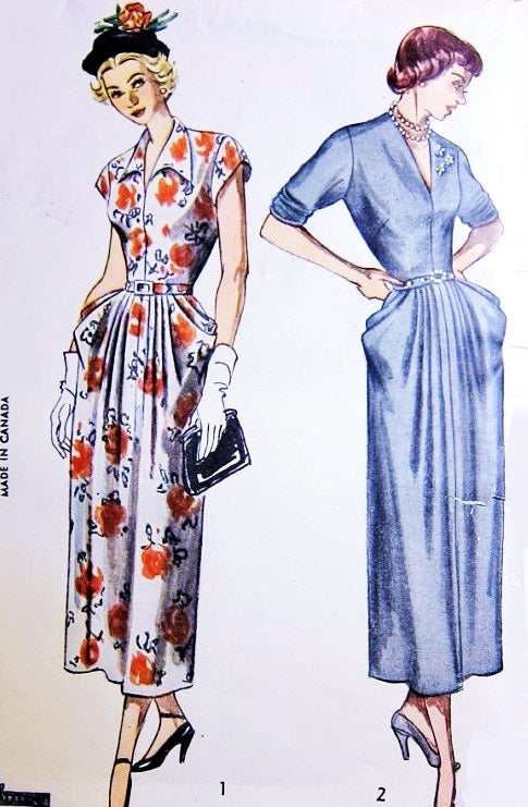 1940s STYLISH Day or Evening Dress Pattern SIMPLICITY 2876 V Neckline Draped Pockets Dinner Cocktail Dress Bust 30 Vintage Sewing Pattern