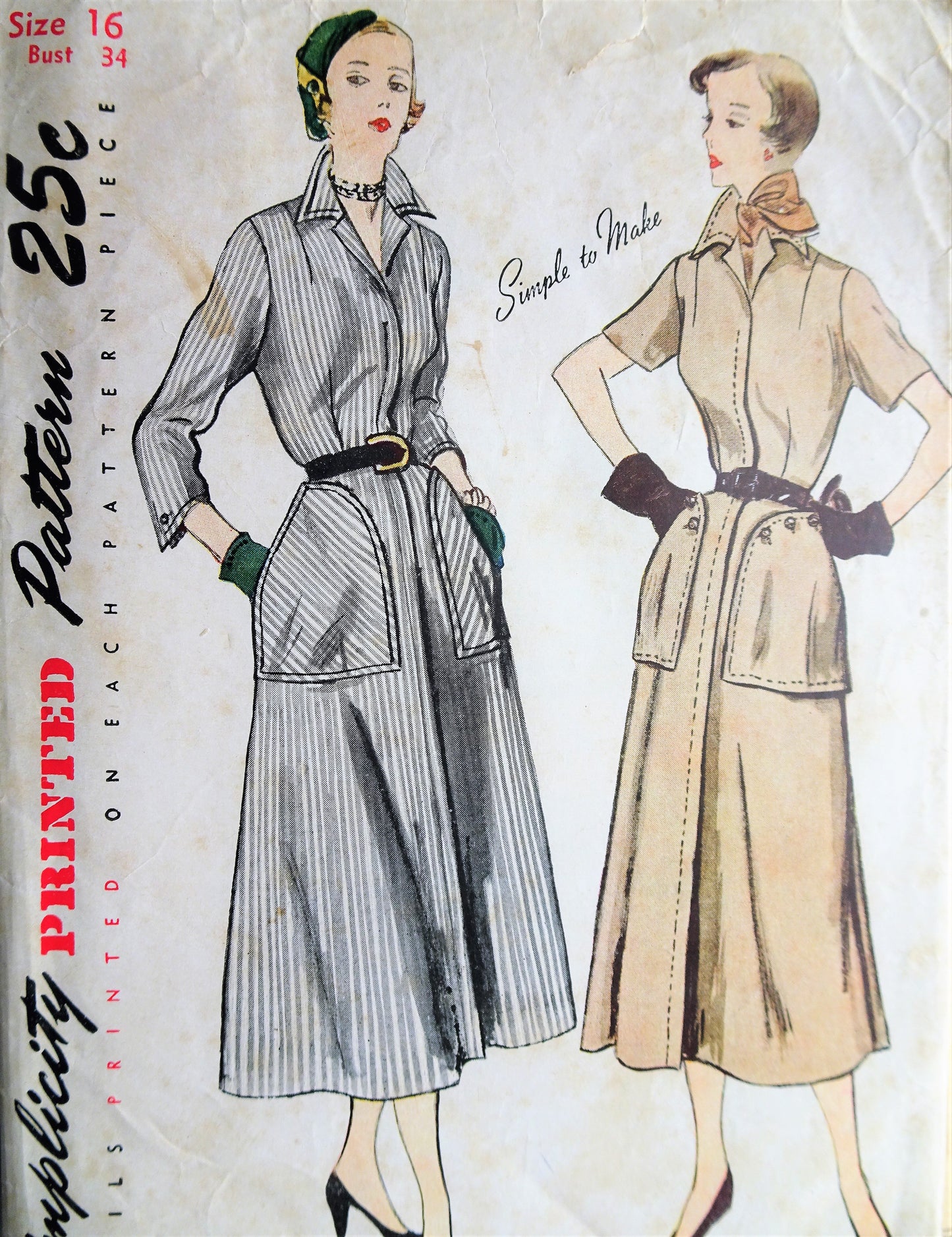 1940s Vintage HAUTE Dress with Notched Collar and Large Pockets Simplicity 2971 Sewing Pattern Bust 34