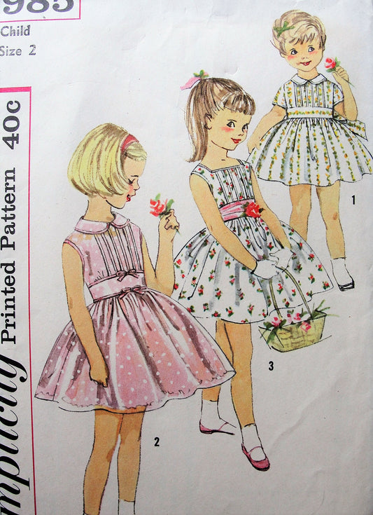 1950s PRETTY Little Girls Dress Pattern SIMPLICITY 2985 Three Styles with Sash or Cummerbund  Size 2 Vintage Sewing Pattern