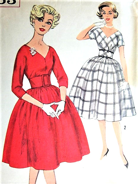 1950s FLATTERING Cocktail Party Dress Pattern SIMPLICITY 3063 Deep V Neckline Full Skirted Midriff Belted Dress Bust 34 Vintage Sewing Pattern