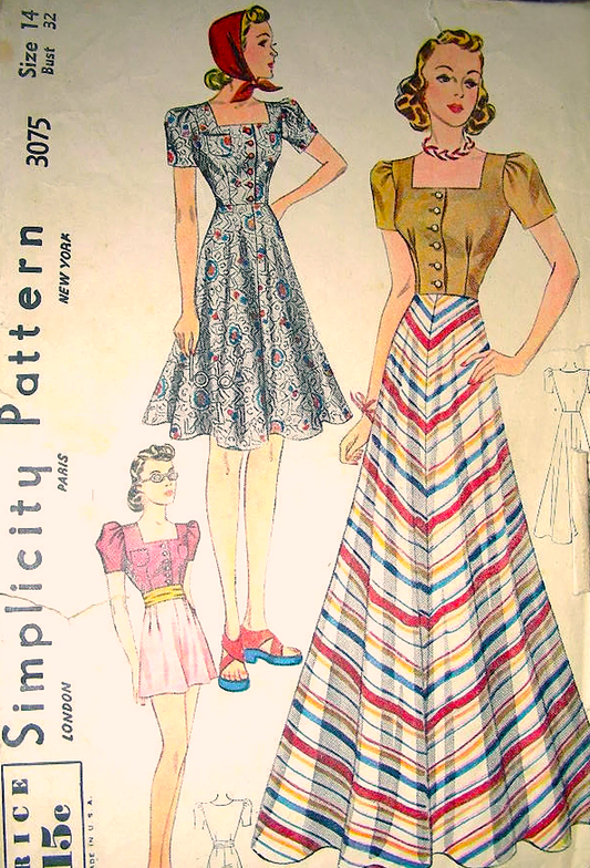 FABULOUS Late 1930s Bodice, Shorts and Evening Length Skirt Pattern SIMPLICITY 3075 Flattering Sq Neckline, Puff Sleeves Top, High Waist Shorts, Flared Skirt, Bust 32 Vintage Sewing Pattern