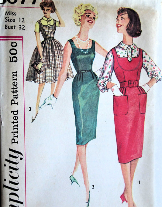 1950s WONDERFUL Slim or Full Skirted Jumper Dress,Blouse Pattern SIMPLICITY 3077 Versatile Dress or Jumper in 3 Versions, Bust 32, Vintage Sewing Pattern FACTORY FOLDED
