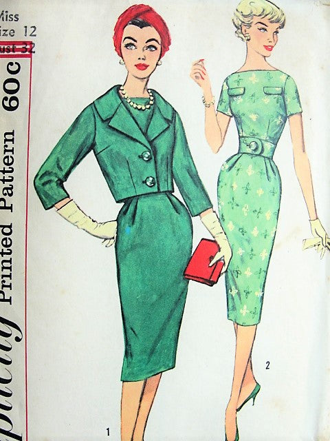 1950s CHIC Day or After 5 Sheath Dress and Jacket Pattern SIMPLICITY 3084 Bateau Neckline Slim Dress, Shortie Fitted Jacket Bust 32 Vintage Sewing Pattern