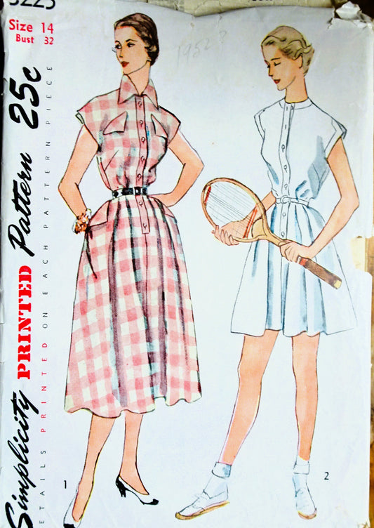 1950s Classic Kate Hepburn Style Shirtdress or Tennis Sport Dress Pattern Simplicity 3225  Wnderful Styles, Bust 32 Vintage Sewing Pattern FACTORY FOLDED