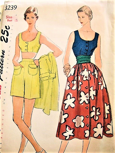 1950 Resort Wear Pattern SIMPLICITY 3239 Midriff  Top,Blouse,High Waist Shorts,Front Button skirt Bust 32 Vintage Sewing Pattern