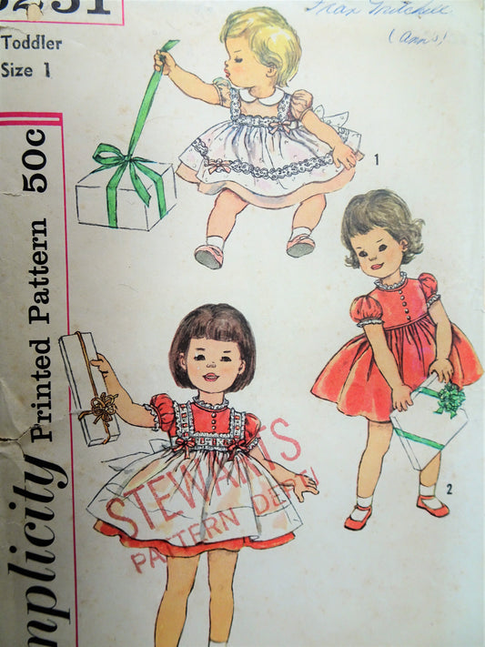 1950s  DARLING Toddlers Dress and Pinafore Pattern SIMPLICITY 3251 Adorable Little Girls Outfit Size 1 Childrens Vintage Sewing Pattern