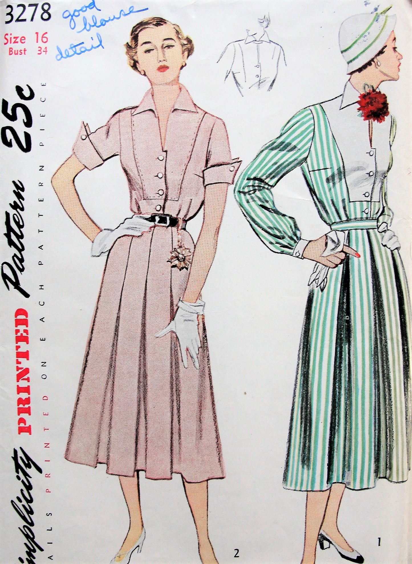 1950s LOVELY 2 Pc Dress Pattern SIMPLICITY 3278 Two Blouse Versions, Two Pleated Skirt Versions, Bust 34 Vintage Sewing Pattern