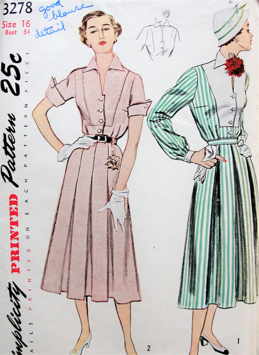1950s LOVELY 2 Pc Dress Pattern SIMPLICITY 3278 Two Blouse Versions, Two Pleated Skirt Versions, Bust 34 Vintage Sewing Pattern