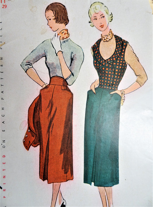 Late 1940s STYLISH Skirt and Weskit Vest Pattern SIMPLICITY 3299 Horseshoe Neckline Vest,Slim High Waist Skirt, Bust 29 Vintage Sewing Pattern