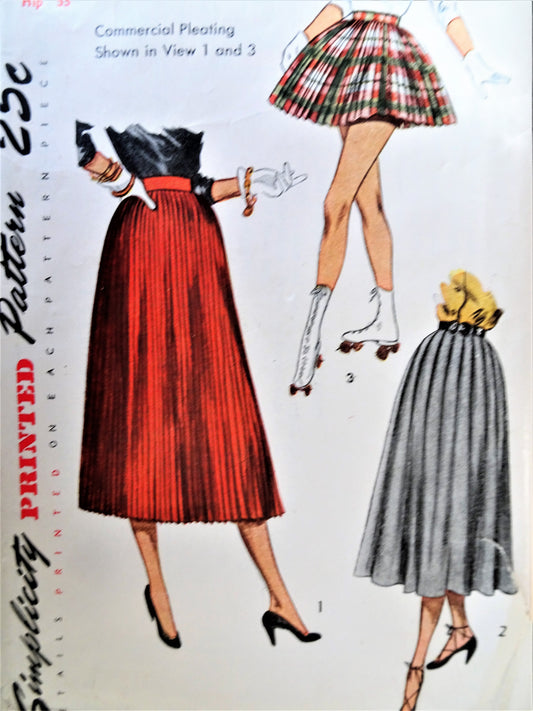 Late 1940s FAB Pleated Skirts Pattern SIMPLICITY 3307 Two Styles and Lengths, Includes Panties for Roller Skating Short Skirt, Waist Size 24 Vintage Sewing Pattern