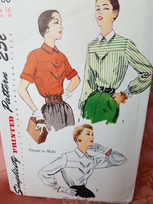 1950s UNIQUE Set of Blouses Pattern SIMPLICITY 3400 Simple To Make Blouse, Three Styles, Button Back, Bust 34 Vintage Sewing Pattern