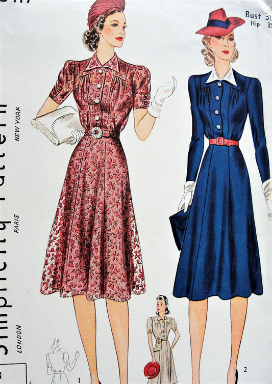 1940 FABULOUS Dress Pattern SIMPLICITY 3417 Day or Party Dress, 3 Style Versions, Bust 42 Vintage Sewing Pattern