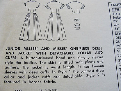 1950s FAB Rockabilly Full Skirt Dress, Jacket and Detachable Collar n Cuffs Pattern SIMPLICITY 3436 Bust 32 Vintage Sewing Pattern FACTORY FOLDED