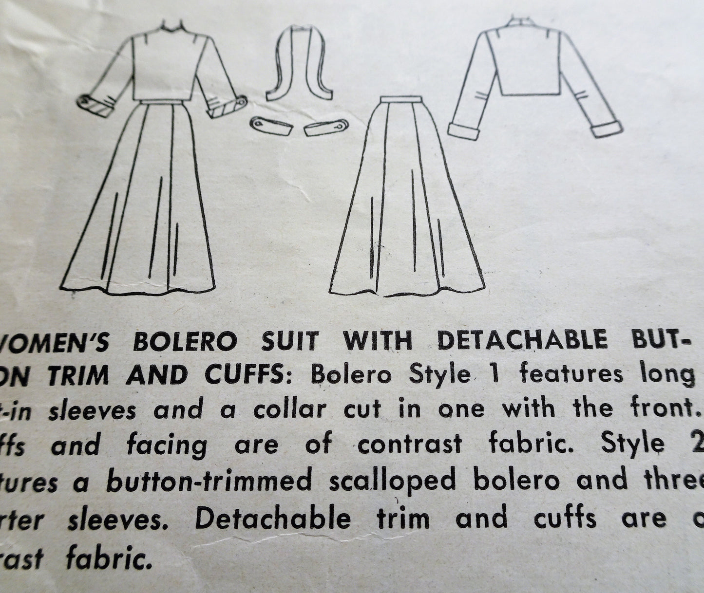 1950s CLASSY Bolero Suit Pattern SIMPLICITY 3445 Lovely Suit With Detachable Button Trim and Cuffs, Bust 34 Vintage Sewing Pattern