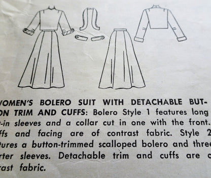 1950s CLASSY Bolero Suit Pattern SIMPLICITY 3445 Lovely Suit With Detachable Button Trim and Cuffs, Bust 34 Vintage Sewing Pattern