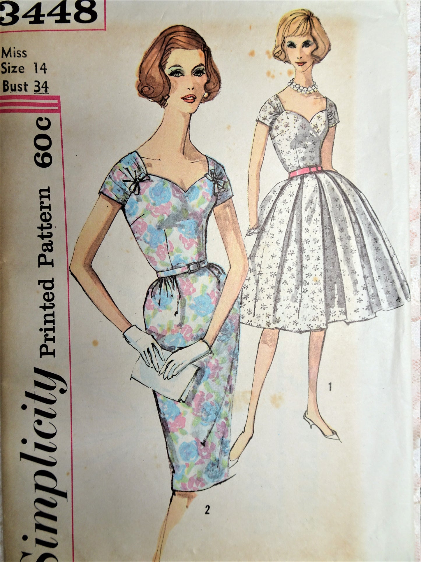 Late 50s LOVELY Party Evening Dress Pattern SIMPLICITY 3448 Sweetheart Neckline Slim or Full Skirt Dress Figure Flattering Design Bust 34 Vintage Sewing Pattern