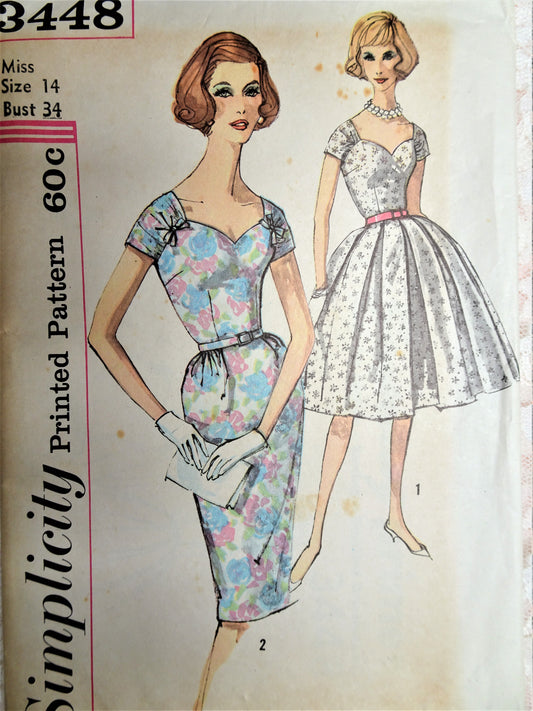 Late 50s LOVELY Party Evening Dress Pattern SIMPLICITY 3448 Sweetheart Neckline Slim or Full Skirt Dress Figure Flattering Design Bust 34 Vintage Sewing Pattern