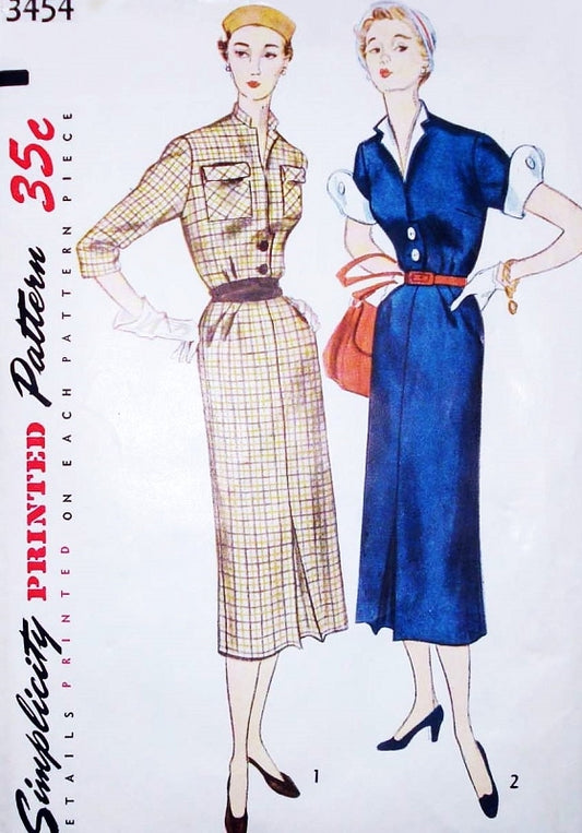 1950s Slim STYLISH Dress Pattern SIMPLICITY 3454 Two Style Versions With Detachable Neck Trim and Wing Cuffs Bust 34 Vintage Sewing Pattern