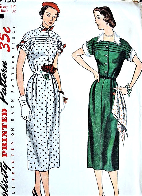 1950s PERKY Slim Dress Pattern SIMPLICITY 3456 Detachable Collar and Cuffs Bust 32 Vintage Sewing Pattern FACTORY FOLDED
