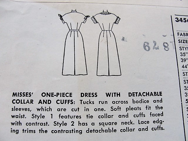 1950s PERKY Slim Dress Pattern SIMPLICITY 3456 Detachable Collar and Cuffs Bust 32 Vintage Sewing Pattern FACTORY FOLDED