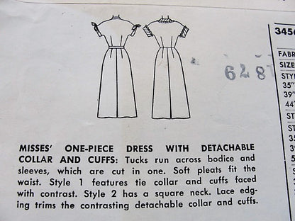 1950s PERKY Slim Dress Pattern SIMPLICITY 3456 Detachable Collar and Cuffs Bust 32 Vintage Sewing Pattern FACTORY FOLDED