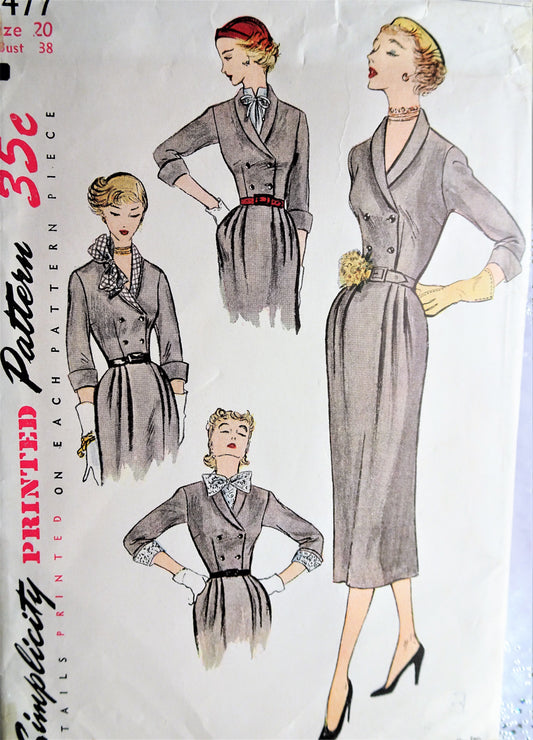 1950s Vintage ELEGANT V-Neck Dress with Detachable Bow Collar, Cuffs,  Accessories  Simplicity 3477 Sewing Pattern Bust 38
