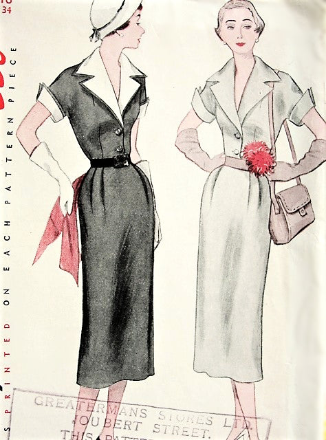 1950s CHIC Slim Dress Pattern SIMPLICITY 3478 Stylish Detachable Collar and Cuffs, Daytime or After 5 Dress, Bust 34 Vintage Sewing Pattern