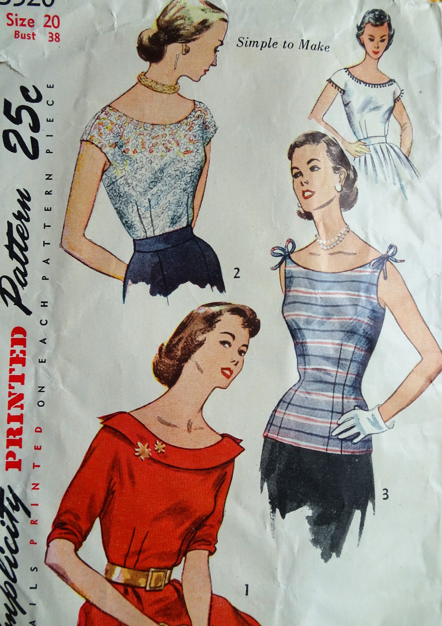 `950s FABULOUS Blouse Pattern SIMPLICITY 3520 Three Lovely Styles Blouses and Overblouse, Bust 38 Vintage Sewing Pattern