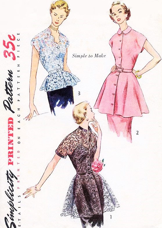 50s DAZZLING Peplum Tunic Blouse Set Pattern SIMPLICITY 3535 Daytime or Evening Wear Three Beautiful Styles Perfect For Lace Bust 32, Simple To Make Vintage Sewing Pattern