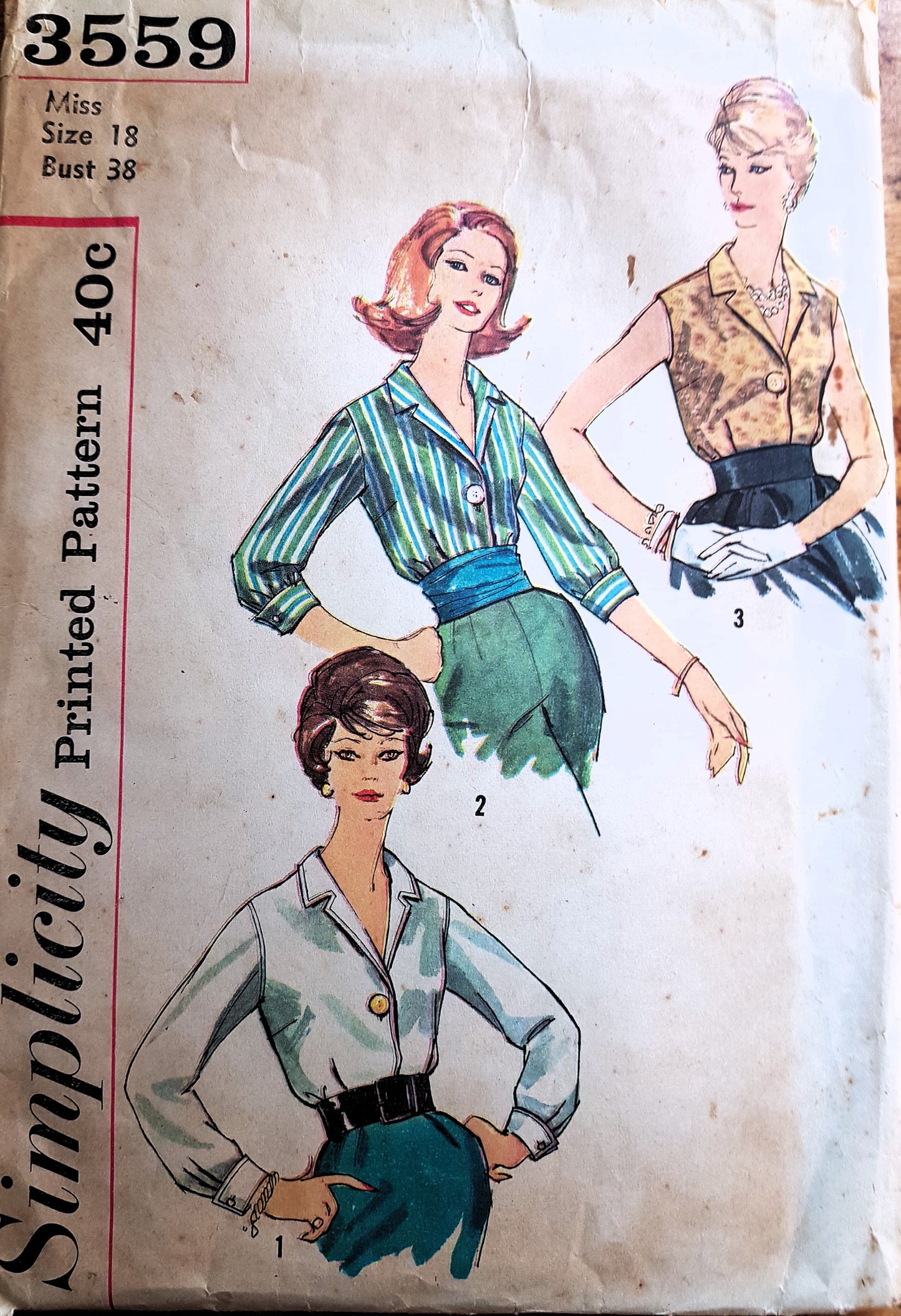1960s STYLISH Blouse Pattern SIMPLICITY 3559 Three Versions Bust 38 Vintage Sewing Pattern