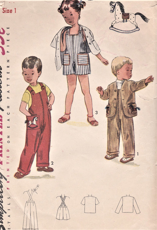 1950s SWEET Boys or Girls Overalls and Jacket Pattern Toddler Coveralls in Two Lengths and Jacket, Transfer Included Size 1 Childrens Vintage Sewing Pattern