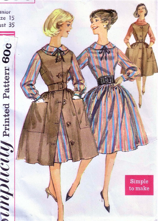 1960s CUTE Dress and Jumper Layered Look Pattern SIMPLICITY 3576 Simple To Make Rockabilly Style Day Dress Bust 35 Vintage Sewing Pattern UNCUT