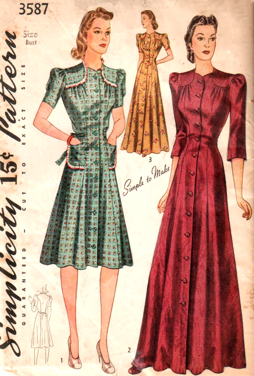 1940s FABULOUS Dress and Robe Housecoat Pattern SIMPLICITY 3587 WWII era Front Button Housedress or Full Length Housecoat Bust 38 Vintage Sewing Pattern