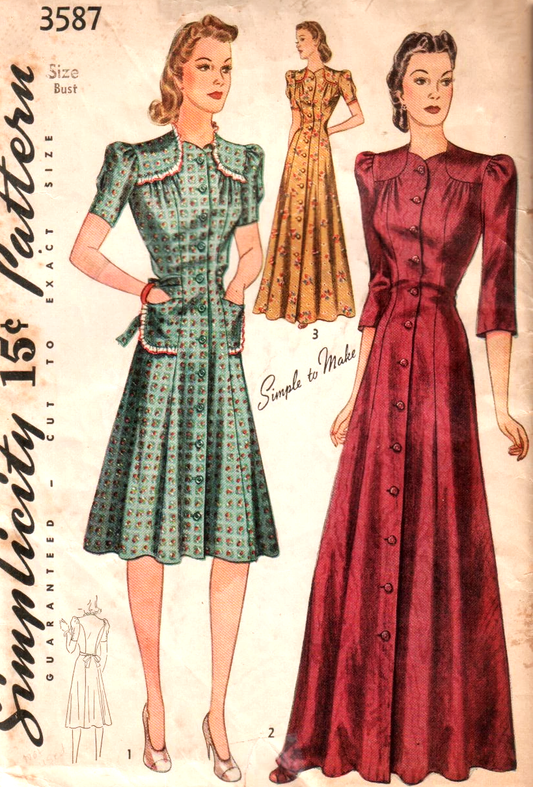 1940s FABULOUS Dress and Robe Housecoat Pattern SIMPLICITY 3587 WWII era Front Button Housedress or Full Length Housecoat Bust 38 Vintage Sewing Pattern