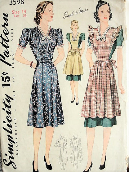 1930s BEAUTIFUL Dress and Pinafore Apron Pattern SIMPLICITY 3598  Bust 30Simple To Make Vintage Sewing Pattern