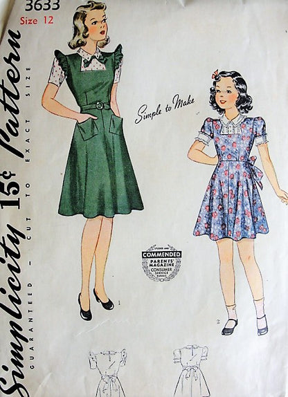 1940s CUTE Girls Dress Pattern SIMPLICITY 3633 Pre WWII, Parents Magazine seal Two Sweet Styles Simple to Make Size 12 Vintage Sewing Pattern
