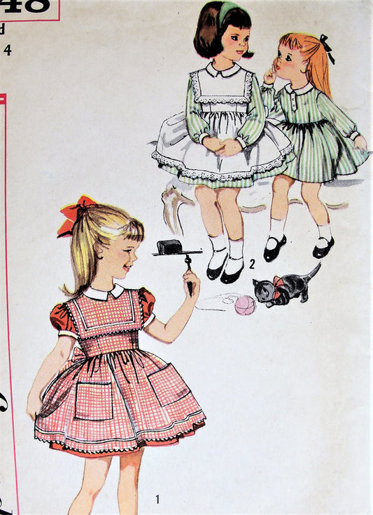 1960s CHARMING Little Girls Dress and Pinafore Pattern SIMPLICITY 3648 So Sweet Size 4 Childrens Vintage Sewing Pattern
