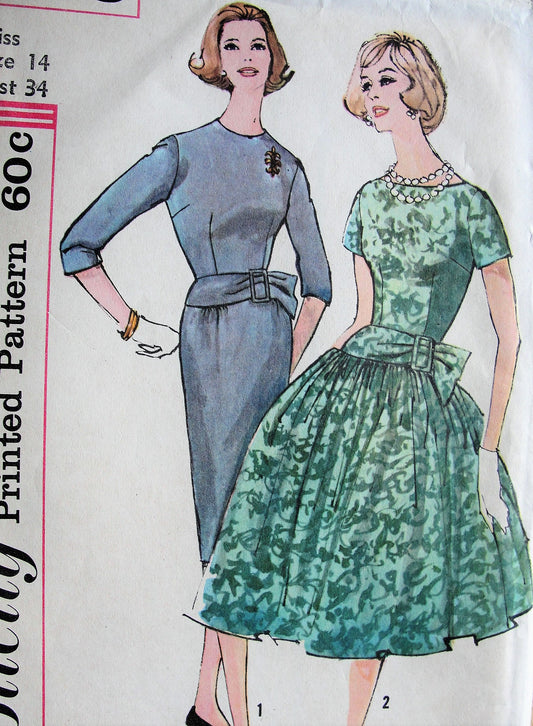 1950s BEAUTIFUL Day or Party Evening Dress Pattern SIMPLICITY 3668 Slim or Full Skirted Dress Two Styles Bust 34 Vintage Sewing Pattern