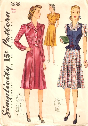 1940s FABULOUS Dress and Jerkin Pattern SIMPLICITY 3688 Dress in Two Styles, Bust 38 Vintage Sewing Pattern