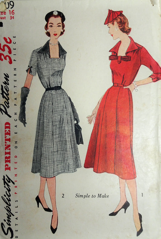 1950s PRETTY Square Neckline Dress Pattern SIMPLICITY 3709 Two Versions Bust 34 Simple To Make Vintage Sewing Pattern