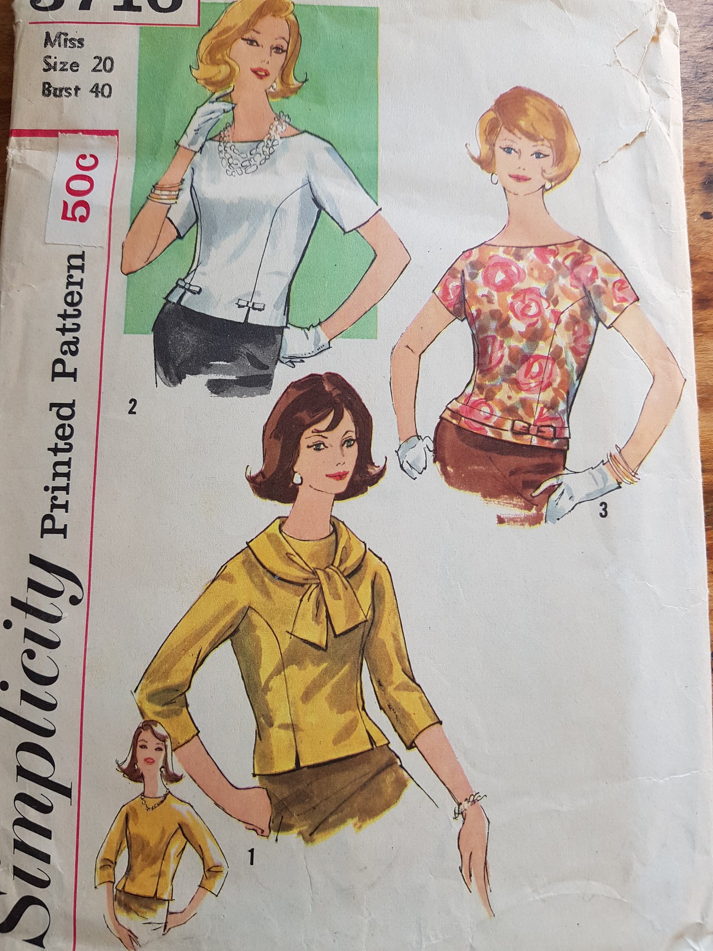 Early 1960s CLASSY Blouse and Detachable Collar Pattern SIMPLICITY 3716 Button Back Over Blouses Three Styles Bust 40 Vintage Sewing Pattern