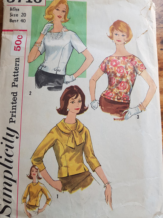 Early 1960s CLASSY Blouse and Detachable Collar Pattern SIMPLICITY 3716 Button Back Over Blouses Three Styles Bust 40 Vintage Sewing Pattern